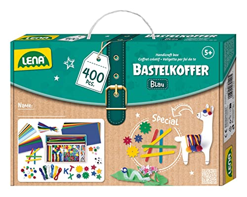 Lena 42715 Bastelkoffer Teile, Material zum Basteln mit Buntem Papier, Moosgummi, Pfeifenreiniger, Wackelaugen, Pompons, Eisstiele und mehr, für Kinder ab 5 Jahre, 400er Blau & Grün von Lena