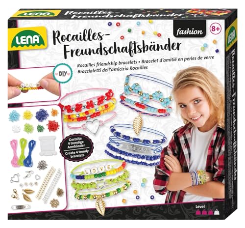 LENA 42721 Rocailles Freundschaftsarmbänder, Bastelset für Kinder ab 8 Jahren, Knüpfset mit Garnen 8 Farben, Kreativset in bunter Faltschachtel, Perlen aus Kunststoff, Mehrfarbig, 18,5 x 4 x 17 cm von Lena