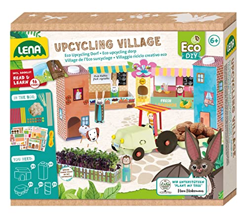 Lena 42830 Eco Upcycling Bastelset Dorf, Papier Village aus Papierbögen und Haushaltsgegenständen, Papierset und Spielset, Klebeset für Jungen und Mädchen, Papierbasteln für Kinder ab 6 Jahren, Mittel von Lena