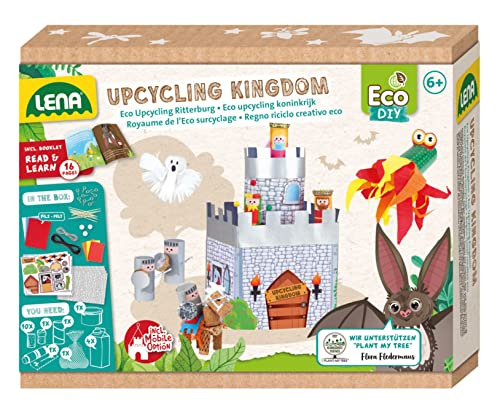 Lena 42831 Eco Upcycling Bastelset Königreich, Ritterburg aus Papierbögen und Haushaltsgegenständen, 2 in 1 Mobile und Spielset, Klebeset für Jungen und Mädchen, Papierbasteln für Kinder ab 6 Jahren von Lena