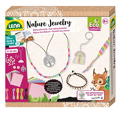 Lena 42834 - Eco Bastelset Natur-Juwelen, Schmuckbastel Set mit 2 Armbändern mit Perlen, 2 Ketten mit Anhänger und 3 Schlüsselanhänger, Begleitheft Plant my Tree, Papierbasteln für Kinder ab 8 Jahren von Lena