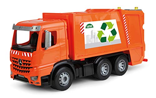 Lena 4614 Worxx Müllauto Mercedes Benz Arocs, Spielauto ca. 53 cm, Nutzfahrzeug für Kinder ab 3 Jahre, robuster Müllwagen mit 2 Mülltonnen und realitischen Spielfunktionen, orange von Lena