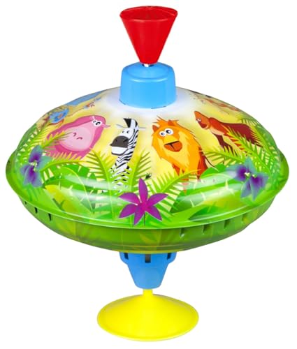 Lena 52263 Brummkreisel Dschungeltiere Ø 16 cm, Metall Schwungkreisel aus Blech, klassischer Pumpkreisel, Blechkreisel mit Tier Motiv, Kreisel mit Standfuss, Spielzeugkreisel für Kinder ab 18 Monate von Lena