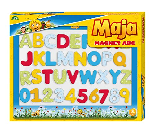 Lena 65821 Biene Maja Magnettafel, Lerntafel mit 26 Magnetbuchstaben und 10 Magnetzahlen, magnetische Motiv, Schultafel mit Allen ABC Buchstaben und Zahlen von 0-9, Tafel ca. 44 cm, ab 3 Jahre, bunt von Lena