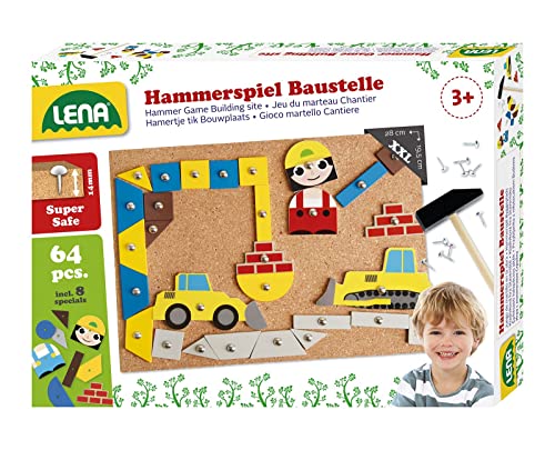 Lena 65828 Hammerspiel, Nagelspiel mit 64 bunten 8 Baustellen Teilen, Grundplatte aus Kork ca. 28 x 19,5 cm, Hammer und Nägel, Klopfspiel für Kinder ab 3 Jahre, Hämmerchenspiel, Mehrfarbig von Lena