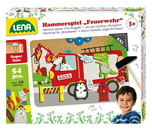 Lena 65836 - Hammerspiel Feuerwehr, Nagelspiel mit 38 farbigen Teilen & 16 Sonderteile, XXL Grundplatte aus Kork ca. 28 x 19,5 cm, Hammer und Nägel, Klopfspiel für Kinder ab 3 Jahre, Hämmerchenspiel von Lena