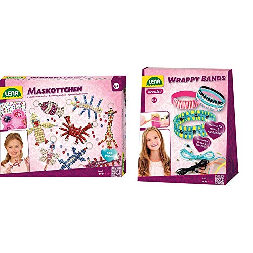 Lena Bastelset für 8 Maskottchen, Komplettset für 8 Glücksbringer/Schlüsselanhänger mit 740 Fädelperlen & Bastelset Wrappy Bands, Komplettset für mindestens 3 Wickelarmbänder mit 7 Silikonbänder von Lena