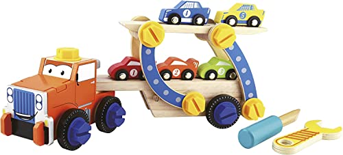 Leomark Autotransporter aus Holz - Happy Romano - Abschleppwagen mit Autos für Kinder, Bausteine mit Schraubendreher und Schraubenschlüssel, Anhänger mit beweglicher Laderampe von Leomark