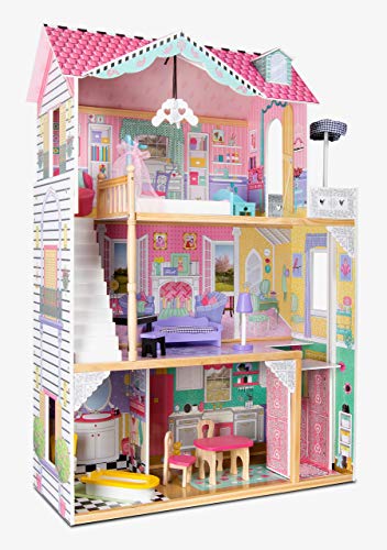 Leomark Doll Aparthouse Holz Puppenhaus mit Aufzug - Farbe Rosa - Traumvilla mit mit Terrasse, 14 Zubehör, 3 Etagen, 5 Zimme, für Kinder, Höhe: 121 cm von Leomark