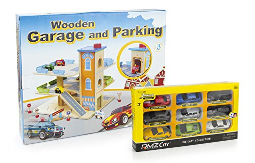 Leomark Große Parkgarage aus Holz Garage mit Zubehör, Spielgarage mit Lift, Hubschrauber, Holzgarage mit 9 Sportwagen von Leomark