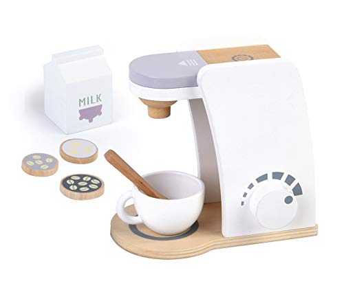 Leomark Holz Kaffeemaschine mit Kapseln - Stilvoll - Weiß Spielzeug für Kinder mit Zubehör: Tasse, Milchbox, 3 x Kaffeepad, 7-TLG. Haushaltsgeräte für die Kinderküche von Leomark