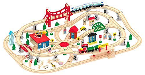 Leomark Holzeisenbahn - mit 130 Teilen - Spielzeug Eisenbahn, Kinder-Bahn Zug, Spiel-Set Holz, Konstruktionsspielzeug + Magnetwagen von Leomark