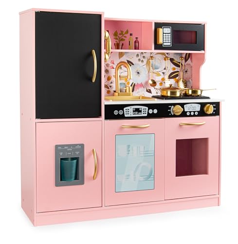 Leomark Holzküche MEMO PINK - Interaktiver Spaß mit Kreidetafel Kinderküche mit Zubehör Beleuchtung Küchenzubehör Höhe 80,6 cm von Leomark