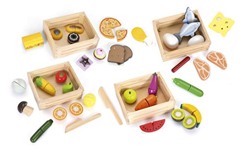 Leomark Holzspielset - 4 in 1 - EIN Set mit Lebensmitteln für Kinder mit Klett-Verbindung (Obst Gemüse), Kinderküche, Kaufladen Zubehör von Leomark