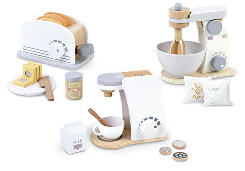 Leomark Holzspielzeugset - 3 in 1 - Mixer, Kaffeemaschine und Toaster für Kinder, Bunt Spielzeug Set, Paslet Farben, Spaß und Bildung von Leomark