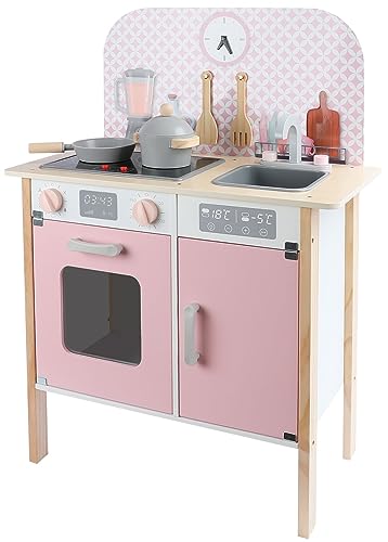 Leomark Kinderküche aus Holz mit Uhr - Menfi - Küche mit Zubehör, Waschbecken, offene Schränke, Besteck, Spielset Kinder, Holzküche ab 3 Jahren, Höhe 81 cm (Rosa) von Leomark