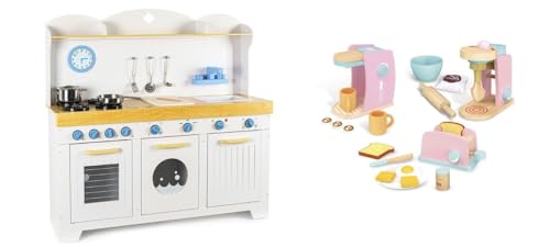 Leomark Kinderküche mit Zubehör – Spielzeug-Küchenset mit Uhr, Herd, Schrank, Spüle, Holz-Lebensmitteln, Obst und Gemüse (Küche + Haushaltsgeräte) von Leomark