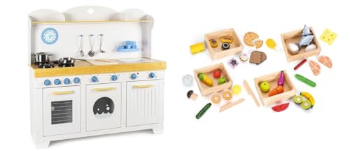 Leomark Kinderküche mit Zubehör – Spielzeug-Küchenset mit Uhr, Herd, Schrank, Spüle, Holz-Lebensmitteln, Obst und Gemüse (Küche + Lebensmittel) von Leomark