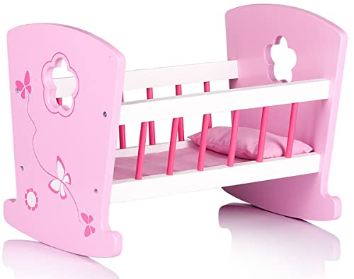 Leomark Puppen Wiege aus Holz - Pink Schmetterlinge - Puppenwiege mit Bettwäsche, Kissen Matratze, Puppenmöbel für Kinder, Puppenbett Pinke Farbe von Leomark