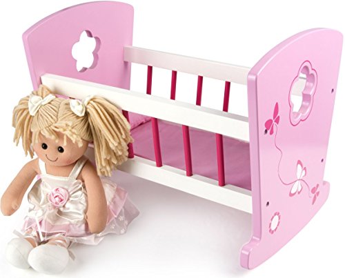 Leomark Puppen Wiege aus Holz - ROSA - Puppenwiege mit Bettwäsche, Kissen Matratze, Puppenmöbel für Kinder, Puppenbett mit Stoffpuppe Prinzessin von Leomark