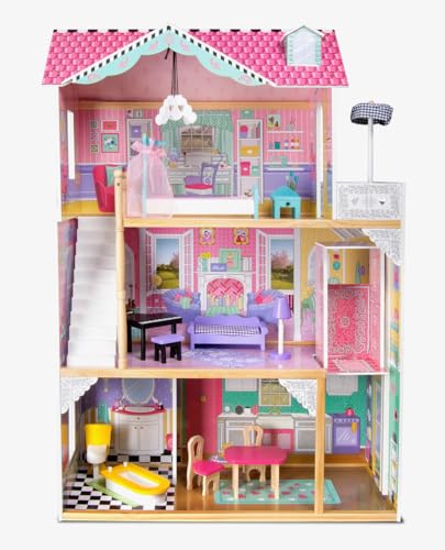 Leomark Puppenhaus mit Aufzug - Holz Aparthouse - Rosa Traumvilla für Kinder, mit Terrasse, 3 Etagen, 14 Zubehör, 5 Zimme, Höhe: 121 cm, Farbe Rosa von Leomark