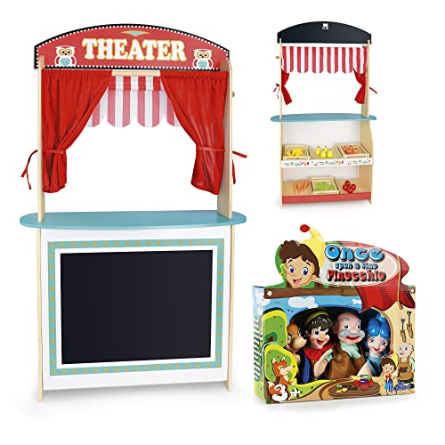 Leomark Puppentheater und Supermarkt aus Holz + 4 Marionette Handpuppen - Pinocchio - Bunte Puppen zum Spielen im Theater mit Zubehör für Kinder von Leomark
