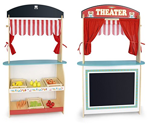 Leomark Puppentheater und Supermarkt aus Holz - Spielzeug 2 in 1 - Kasperletheater mit Zubehör, Mehrfarbig Marktstand, Schauplatz und Geschäft für Kinder, Höhe: 108 cm von Leomark