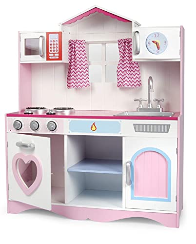 Leomark Rosa Küche mit Fenster - PINK Play - Spielküche aus Holz, Kinderküche, Spielzeug für Kinder, Höhe 101 cm, Metalltöpfe mit Zubehör von Leomark