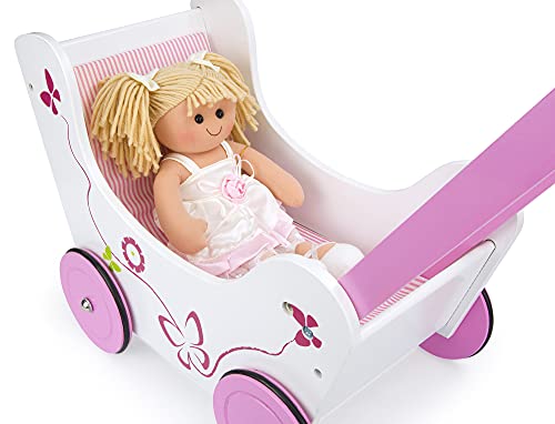 Leomark Schmetterling Lauflernwagen aus Holz für Kinder PINK Puppenwagen inkl Bettwäsche Lauflernhilfe mit gummierten Holzrädern und Stoffpuppe von Leomark