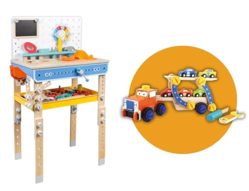 Leomark Set: Werkbank mit Zubehör + Holz-Abschleppwagen mit Anhänger und Autos – Kreatives Aktivitätscenter für Kinder, Mehrfarbig von Leomark