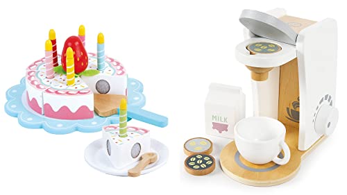 Leomark Spielset für Kinder 2-in-1 - Holz Kaffeemaschine mit Kapseln + Geburtstagskuchen - Haushaltsgeräte für die Kinderküche, Spaß und Bildung von Leomark