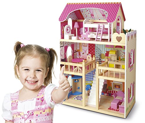 Leomark Traumvilla Holzpuppenhaus mit Möbeln Puppenhaus mit Möbeln und Zubehör, für Mädchen und Jungen, Höhe: 90 cm + Weihnachtsbaum von Leomark