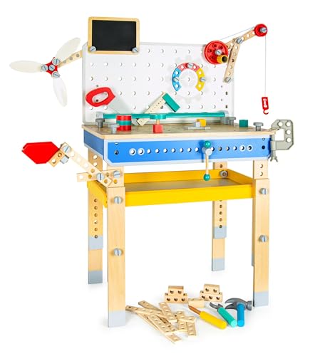 Leomark Werkbank mit Zubehör aus Holz - Jumbo Konstruktor - Werkstatt für Kinder mit Werkzeuge und mit dem tragbaren Kasten, Kreativspielzeug - Kinderwerkzeug für kreatives Bauen, Höhe: 89 cm von Leomark