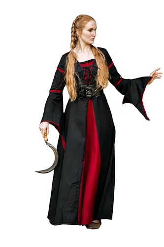 Leonardo Carbone® Damen Kleid Mit Trompetenärmeln Berblin | Schnürung Brustbereich | Karneval, Halloween, Cosplay, LARP, Mittelalter, Wikinger | 100% Viskose Schwarz/Rot 2XL von Leonardo Carbone