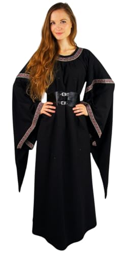 Leonardo Carbone® Damen Kleid Trompetenärmelkleid Ida | Bordüre Akzent | Mittelalterlicher Stil | Karneval, Halloween, Cosplay, LARP, Kostüm, Gewandung | 100% Baumwolle Schwarz L von Leonardo Carbone