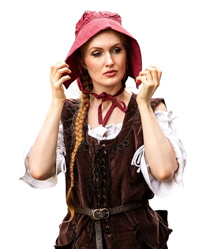 Leonardo Carbone® Damen Kopfbedeckung Mittelalter-Bundhaube Claire | Kapuzenartiger Schnitt | Lange Bänder | Karneval, Halloween, Cosplay, LARP, Haube, Hut, Mütze | 100% Baumwolle Rot von Leonardo Carbone