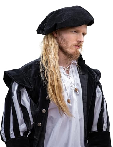 Leonardo Carbone® Herren Kopfbedeckung Samt-Barett Kurt | Integriertes Band | Raffungen Hinten | Karneval, Halloween, Cosplay, LARP, Mittelalter, Barett, Hut, Baumwolle | 100% Baumwolle Schwarz 2XL von Leonardo Carbone