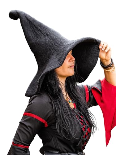 Leonardo Carbone® Hexenhut Glinda - Hexenkostüm, Mittelalter Kleidung Kopfbedeckung, Halloween Kostüm Damen, Witcher Hat, Zauberer Hut, LARP-Kleidung, Karneval, Cosplay - 100% Wolle Schwarz von Leonardo Carbone