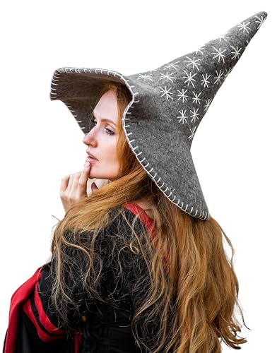 Leonardo Carbone® Hexenhut Star - Hexenkostüm, Mittelalter Kleidung Kopfbedeckung, Halloween Kostüm Damen, Witcher Hat, Zauberer Hut, LARP-Kleidung, Karneval, Cosplay - 100% Wolle Grau von Leonardo Carbone