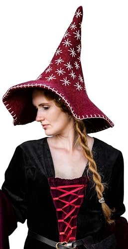 Leonardo Carbone® Hexenhut Star - Hexenkostüm, Mittelalter Kleidung Kopfbedeckung, Halloween Kostüm Damen, Witcher Hat, Zauberer Hut, LARP-Kleidung, Karneval, Cosplay - 100% Wolle Rot von Leonardo Carbone