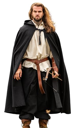 Leonardo Carbone® Mittelalter Umhang Frantz mit Kapuze - Mittelalter Kleidung Damen Herren, Cape Männer, Hobbit Kostüm, LARP, Wikinger, Cosplay, Renaissance, Halloween - 100% Baumwolle Schwarz von Leonardo Carbone