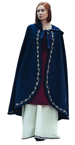 Leonardo Carbone® Mittelalter Wollumhang Ásidís mit Handstickerei - Mittelalter Kleidung Damen, Cape Damen, Hobbit Kostüm, LARP-Kleidung, Wikinger, Cosplay Damen, Halloween, Karneval Blau von Leonardo Carbone