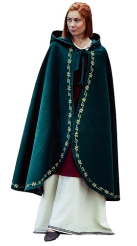 Leonardo Carbone® Mittelalter Wollumhang Ásidís mit Handstickerei - Mittelalter Kleidung Damen, Cape Damen, Hobbit Kostüm, LARP-Kleidung, Wikinger, Cosplay Damen, Halloween, Karneval Grün von Leonardo Carbone