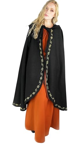 Leonardo Carbone® Mittelalter Wollumhang Ásidís mit Handstickerei - Mittelalter Kleidung Damen, Cape Damen, Hobbit Kostüm, LARP-Kleidung, Wikinger, Cosplay Damen, Halloween, Karneval Schwarz von Leonardo Carbone