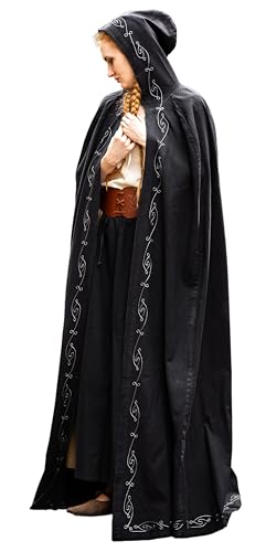 Leonardo Carbone® Unisex Mittelalter Umhang mit Stickerei Erna - Mittelalter Kleidung Damen & Herren, Cape Männer, Hobbit Kostüm, LARP, Wikinger, Cosplay, Halloween - 100% Baumwolle Schwarz von Leonardo Carbone