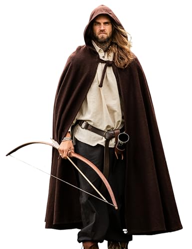 Leonardo Carbone® Unisex Mittelalter Wollumhang mit Langer Kapuze Hervir - Mittelalter Kleidung Damen & Herren, Cape Männer, Hobbit Kostüm, LARP-Kleidung, Wikinger, Cosplay, Halloween Braun von Leonardo Carbone