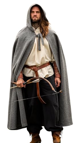 Leonardo Carbone® Unisex Mittelalter Wollumhang mit Langer Kapuze Hervir - Mittelalter Kleidung Damen & Herren, Cape Männer, Hobbit Kostüm, LARP-Kleidung, Wikinger, Cosplay, Halloween Grau von Leonardo Carbone