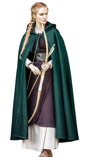 Leonardo Carbone® Unisex Mittelalter Wollumhang mit Langer Kapuze Hervir - Mittelalter Kleidung Damen & Herren, Cape Männer, Hobbit Kostüm, LARP-Kleidung, Wikinger, Cosplay, Halloween Grün von Leonardo Carbone