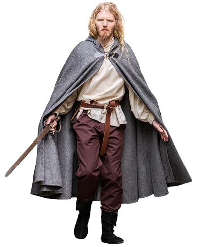 Leonardo Carbone® Unisex Mittelalter Wollumhang mit Wolfsschließe Tjark - Mittelalter Kleidung Damen & Herren, Cape Männer, Hobbit Kostüm, LARP, Wikinger, Cosplay Herren, Halloween, Karneval Grau von Leonardo Carbone