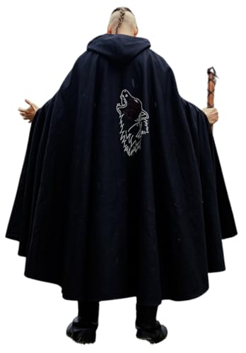 Leonardo Carbone® Unisex Wikinger Umhang Alpha mit Geri & Freki - Mittelalter Kleidung Damen & Herren, Cape Männer, Hobbit Kostüm, LARP-Kleidung, Wikinger, Cosplay Herren, Halloween, Karneval Schwarz von Leonardo Carbone